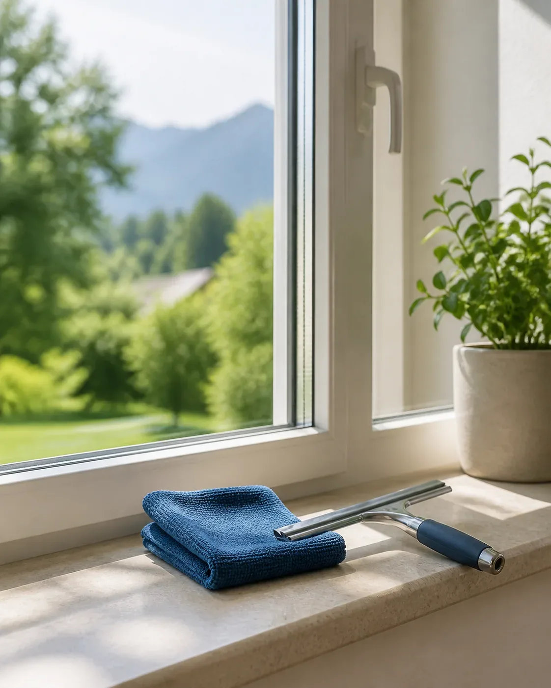 Frisch gereinigtes Fenster mit Mikrofasertuch und Fensterabzieher